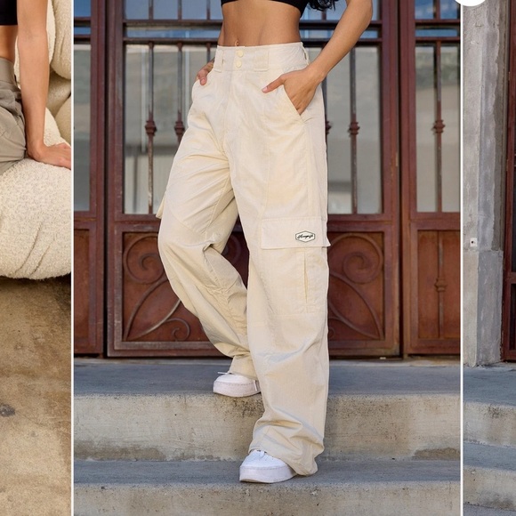 Young LA Womens Retro Cargo Joggers W222 Size Small Beige Pockets Parachute - Picture 1 of 12